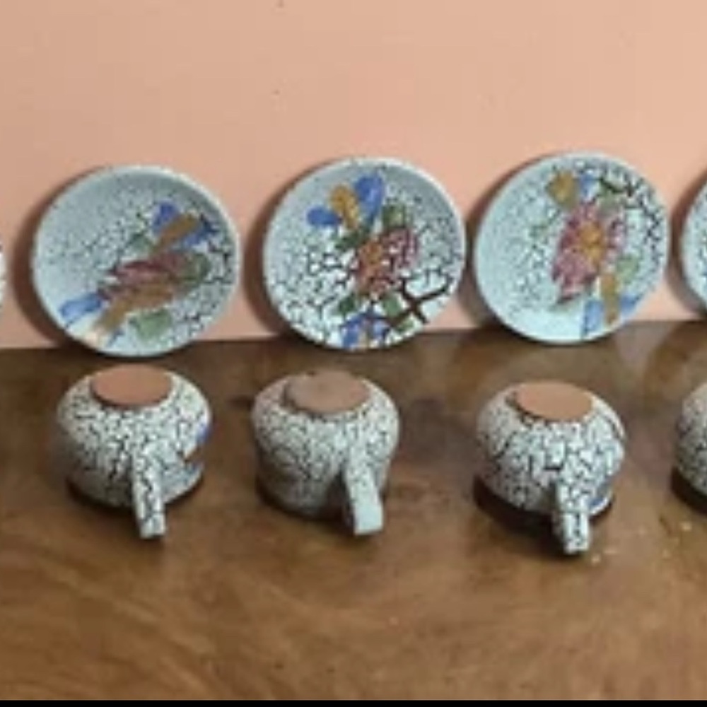 Crackle Glaze Floral Art Small Tea Set Five Cups With Saucers